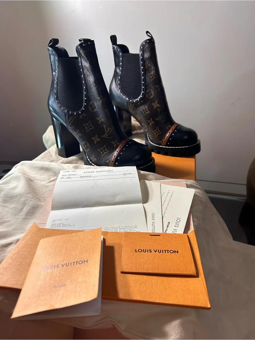 Louis Vuitton Monogram Chelsea Lug-Heel Boot in Black and Brown with Orange Trim